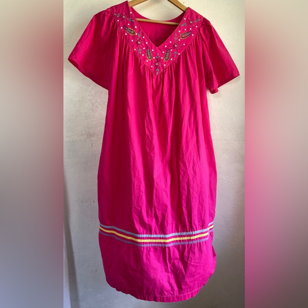 VTG Mumu Kaftan House Patio Dress Kimono Midi Embroidered size L